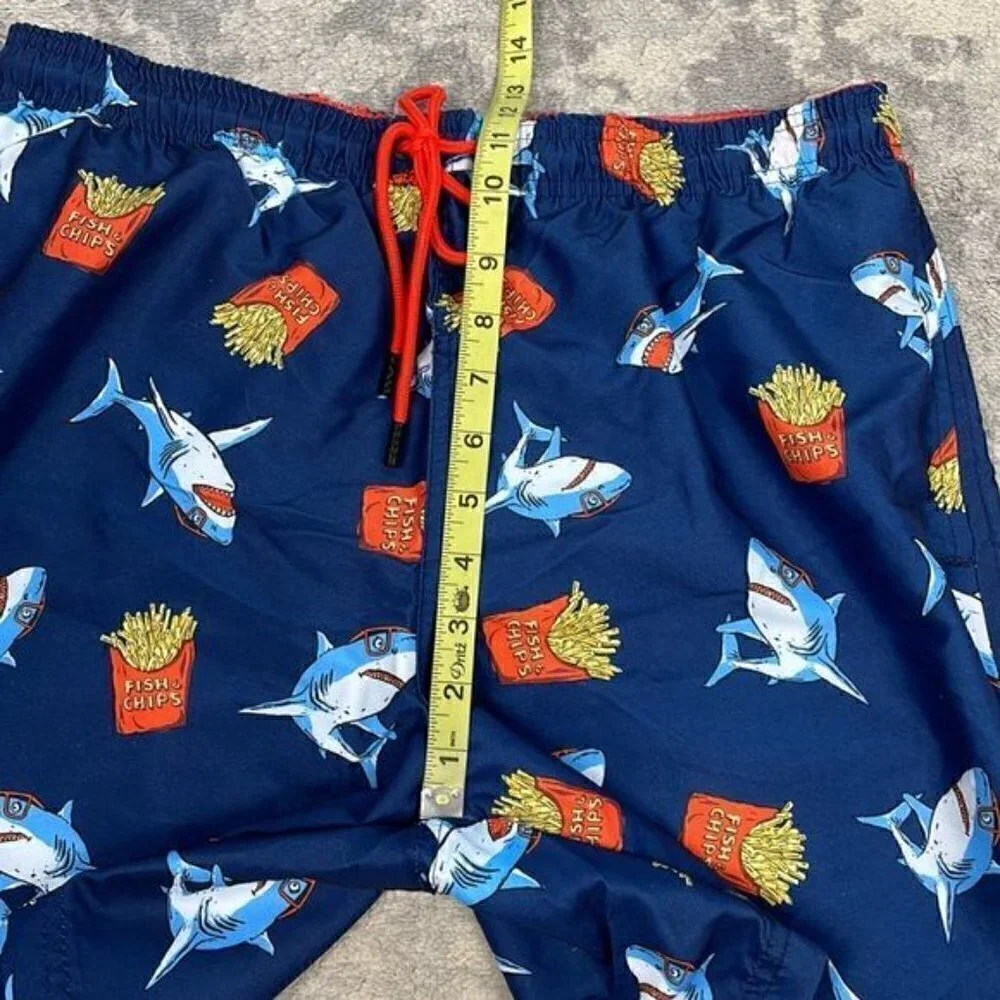 NWT Broken Threads Surf Navy Blue Great White Sharks French Fries Swim Trunks M